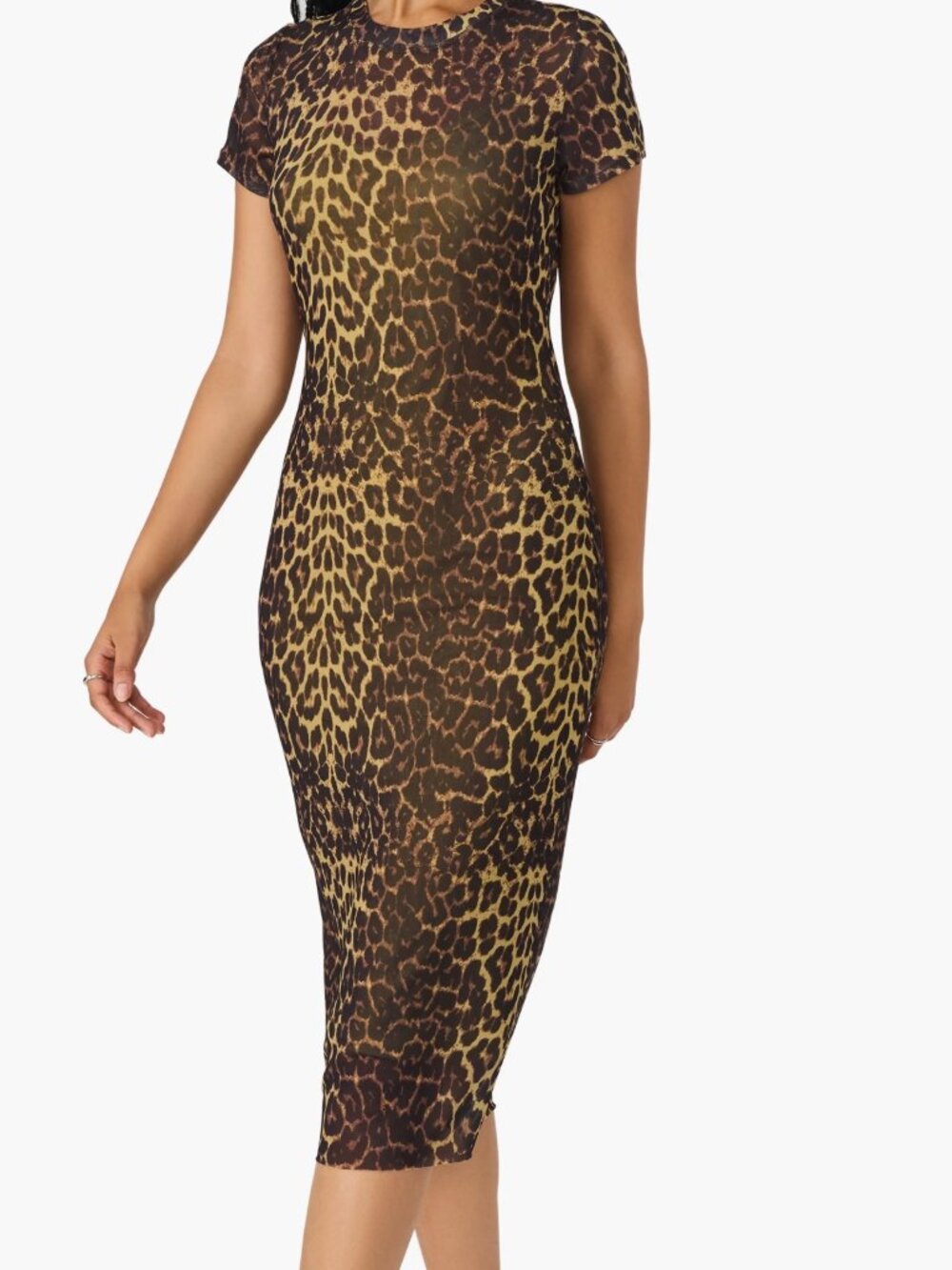 Steve Madden Leopard Print Bodycon Midi Dress Short Sleeve Fitted Y2K Trendy XS - Picture 1 of 11